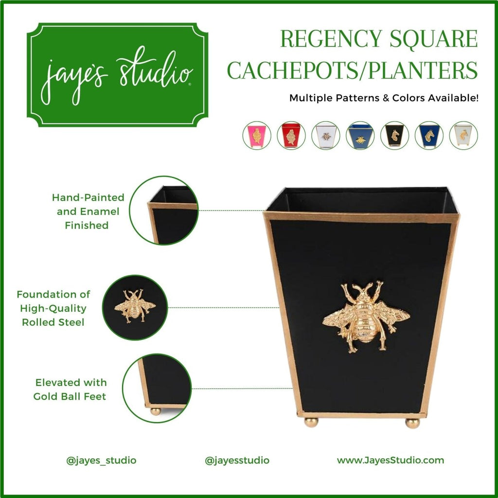 Regency Bee White Square Metal Cachepot for Bedroom, Office, Kitchen, Living Room - with Gold Bee Decor - Cachepots from Jaye's Studio