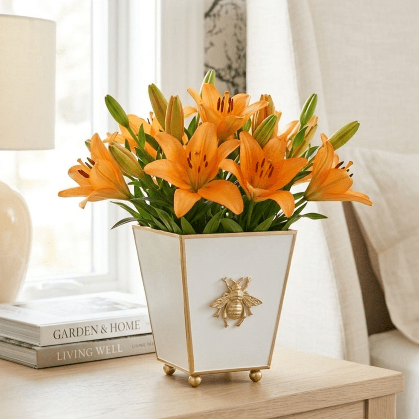 Regency Bee White Square Metal Cachepot for Bedroom, Office, Kitchen, Living Room - with Gold Bee Decor - Cachepots from Jaye's Studio