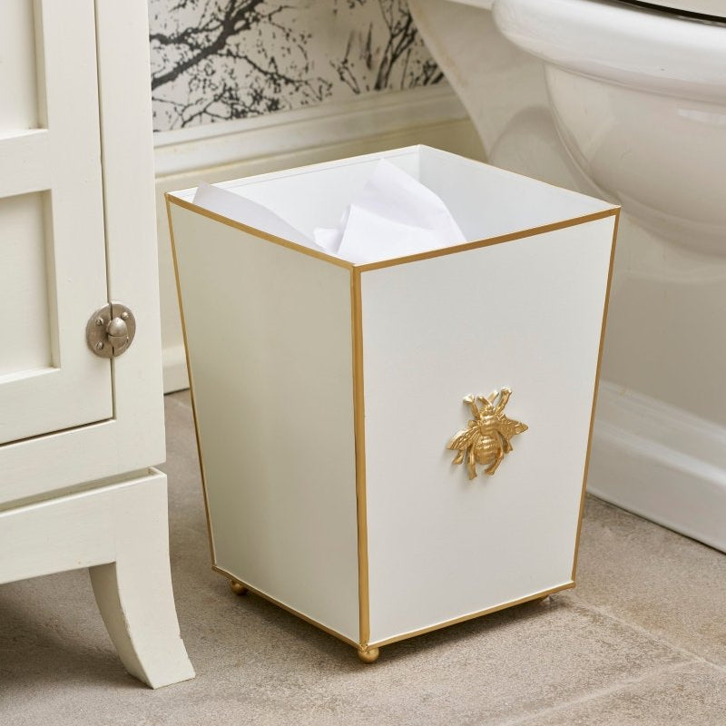 Regency Bee White Wastebasket, Bathroom Trash Can, Wastebasket for Vanity, Home Office, Bedroom - Square without Lid with Lion Decor - Avail 02/22 - Wastebaskets from Jaye's Studio