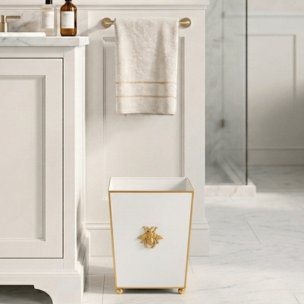 Regency Bee White Wastebasket, Bathroom Trash Can, Wastebasket for Vanity, Home Office, Bedroom - Square without Lid with Lion Decor - Wastebaskets from Jaye's Studio