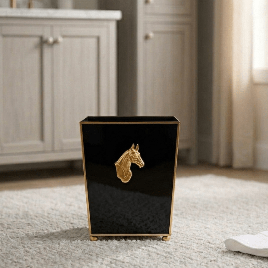 Regency Horse Head Black Bathroom Trash Can, Wastebasket, Dustbin for Bedroom, Home Office, Vanity - Square without Lid - Wastebaskets from Jaye's Studio
