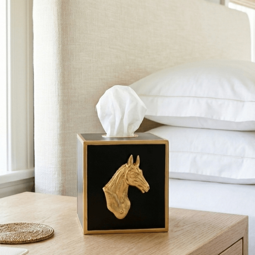 Regency Horse Head Black Enameled Square Metal Tissue Box Cover for Bathroom, Vanity, Bedroom, Home Office - Tissue Box Cover from Jaye's Studio