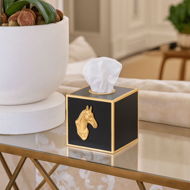 Regency Horse Head Black Enameled Square Metal Tissue Box Cover for Bathroom, Vanity, Bedroom, Home Office - Tissue Box Cover from Jaye's Studio