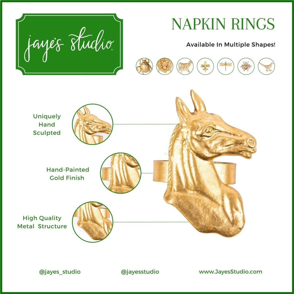 Regency Horse Head Gold Napkin Rings for Dinnerware, Place Settings, Entertaining (4pk) - Avail 02/22 - Napkin Rings from Jaye's Studio