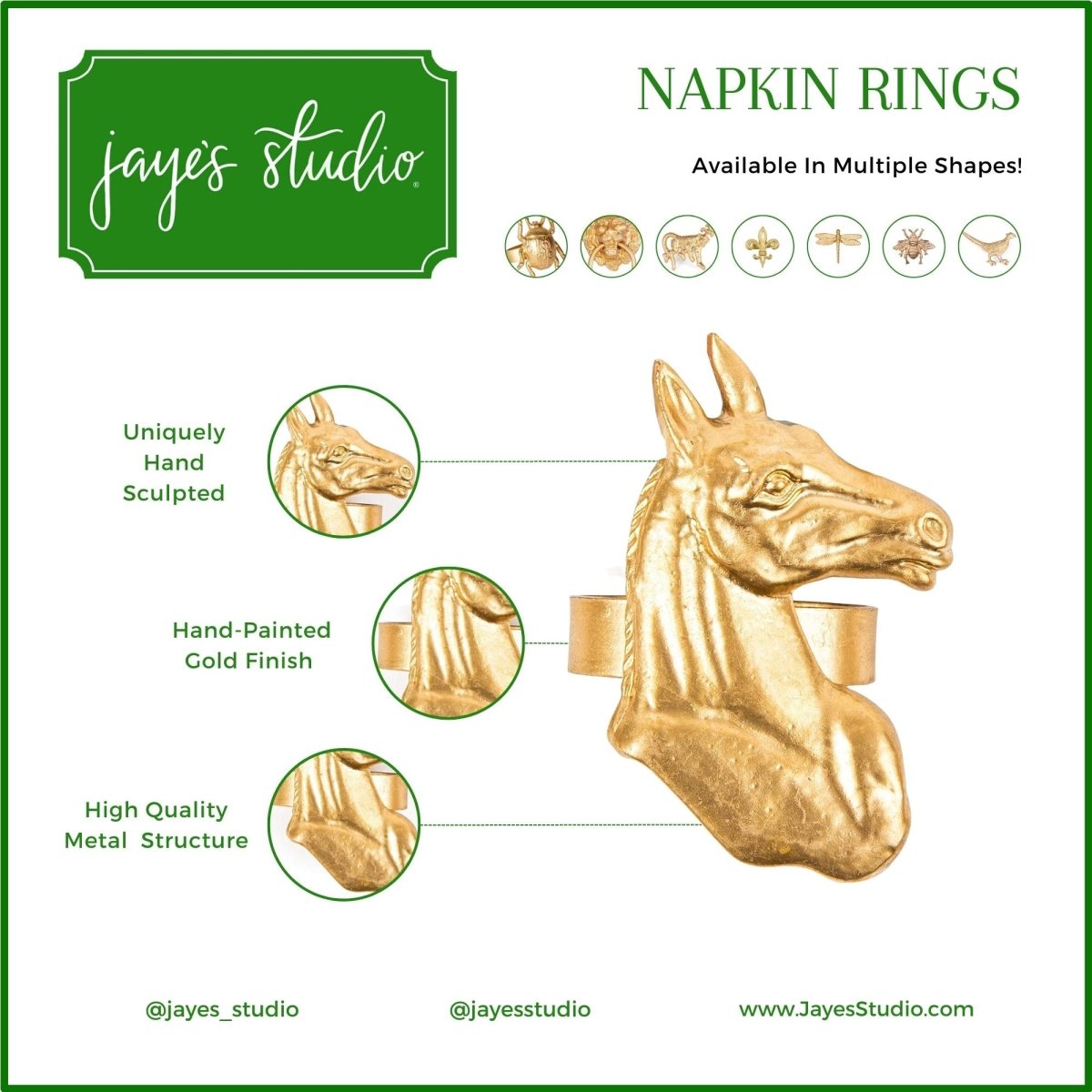 Regency Horse Head Gold Napkin Rings for Dinnerware, Place Settings, Entertaining (4pk) - Avail 02/22 - Napkin Rings from Jaye's Studio