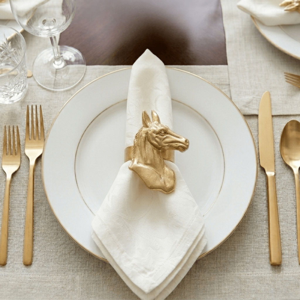 Regency Horse Head Gold Napkin Rings for Dinnerware, Place Settings, Entertaining (4pk) - Napkin Rings from Jaye's Studio