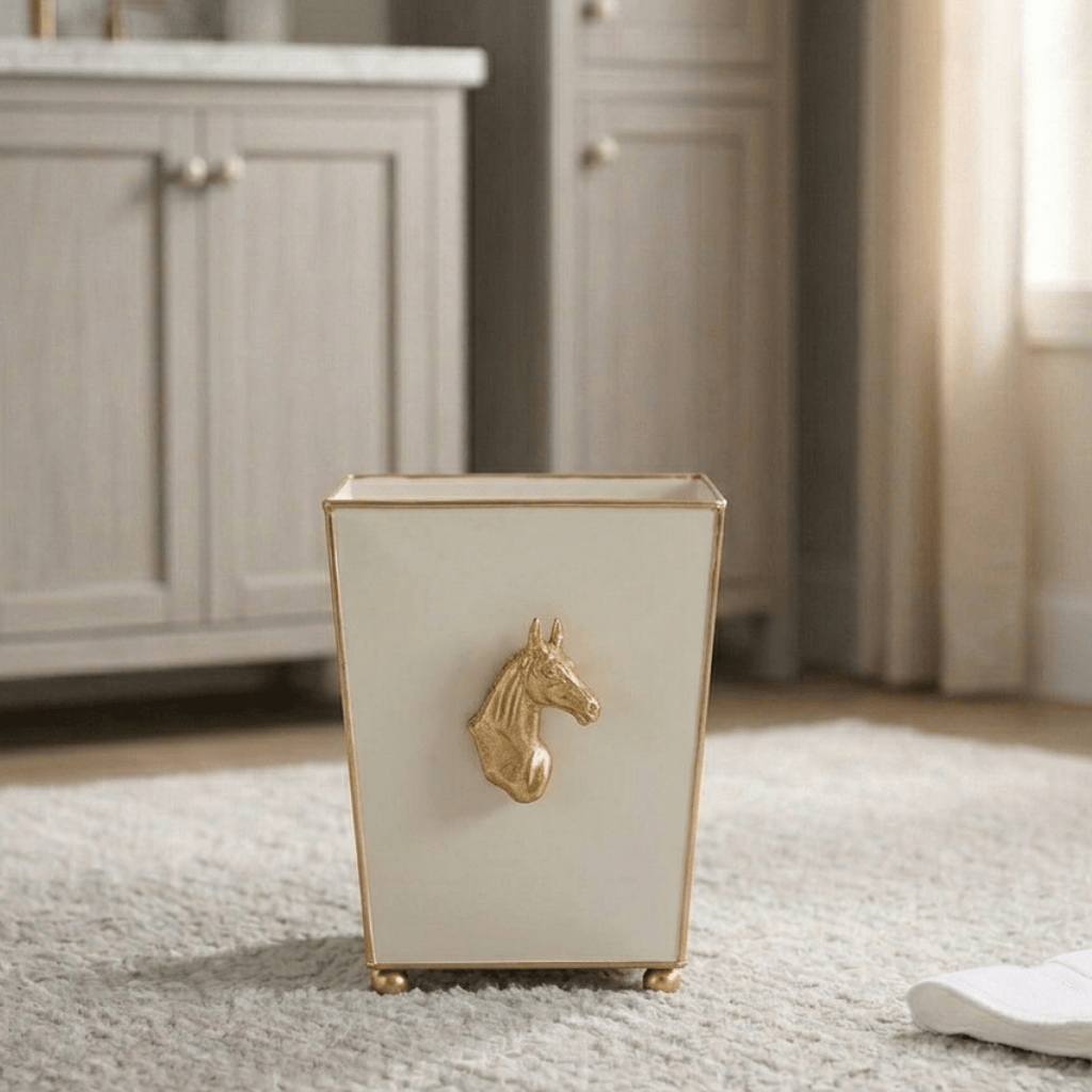 Regency Horse Head Taupe Bathroom Trash Can, Wastebasket, Dustbin for Bedroom, Home Office, Vanity - Square without Lid - Wastebaskets from Jaye's Studio
