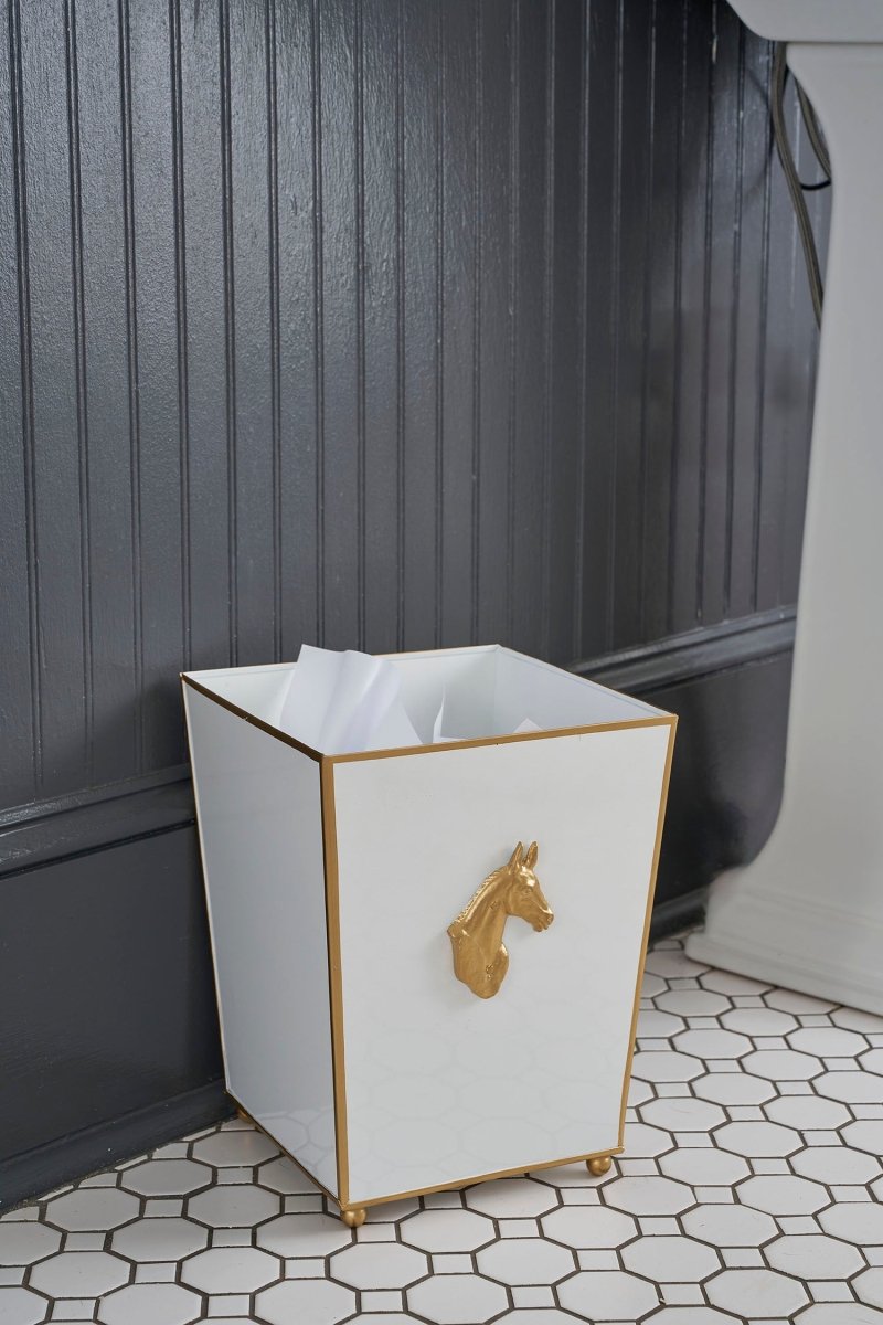 Regency Horse Head White Bathroom Trash Can, Wastebasket, Dustbin for Bedroom, Home Office, Vanity - Square without Lid - Wastebaskets from Jaye's Studio