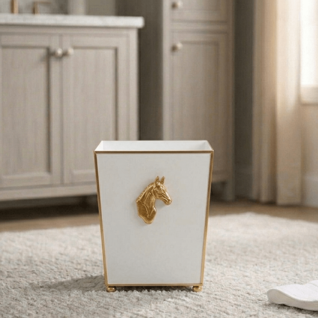 Regency Horse Head White Bathroom Trash Can, Wastebasket, Dustbin for Bedroom, Home Office, Vanity - Square without Lid - Wastebaskets from Jaye's Studio