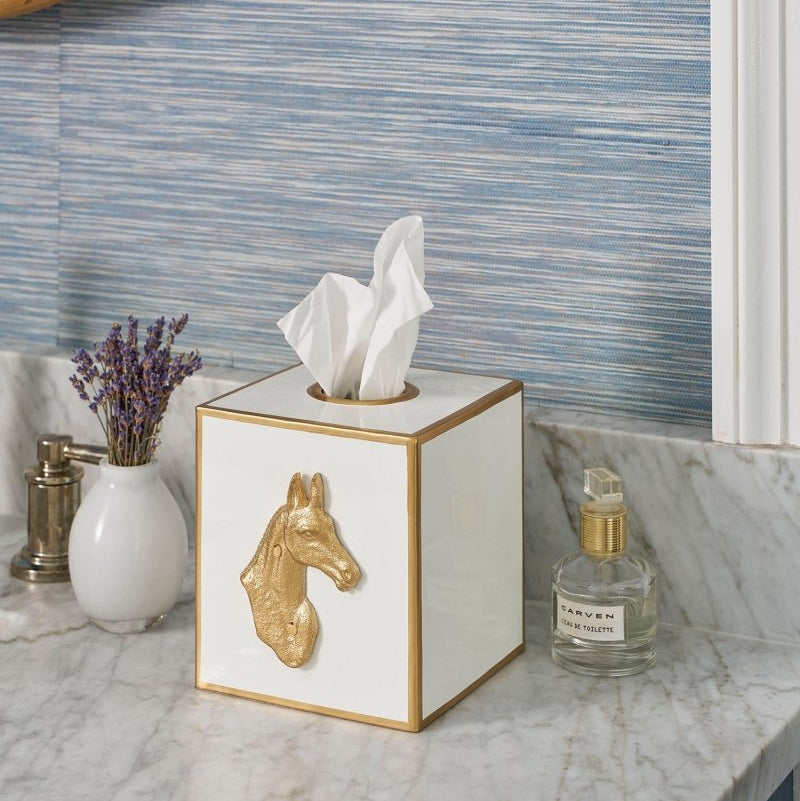Regency Horse Head White Enameled Square Metal Tissue Box Cover for Bathroom, Vanity, Bedroom, Home Office - Tissue Box Cover from Jaye's Studio