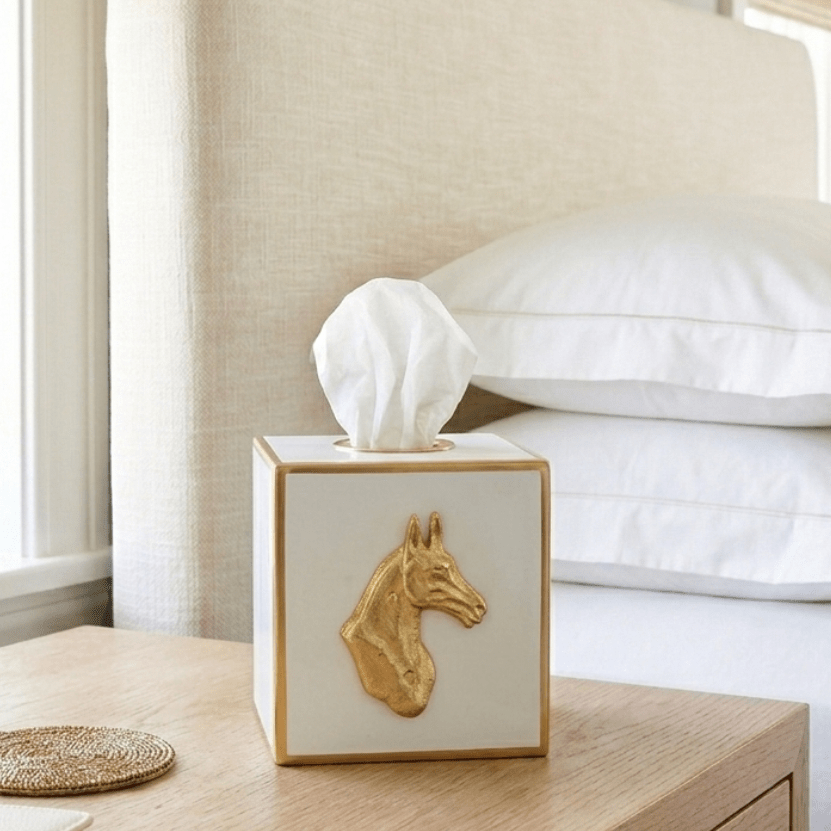 Regency Horse Head White Enameled Square Metal Tissue Box Cover for Bathroom, Vanity, Bedroom, Home Office - Tissue Box Cover from Jaye's Studio