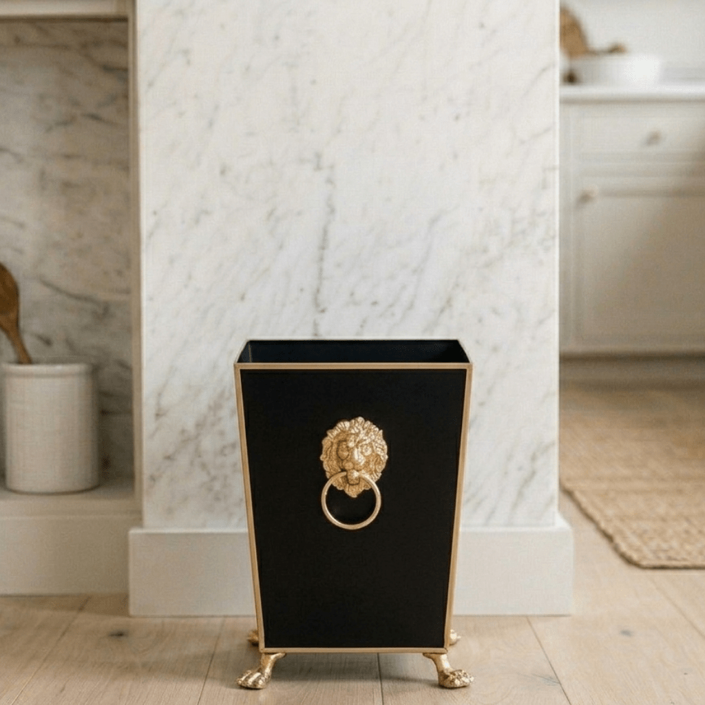 Regency Paws and Claws Black Decorative Bathroom Trash Can, Wastebasket for Vanity, Home Office, Bedroom - Square without Lid with Lion Decor - Wastebaskets from Jaye's Studio