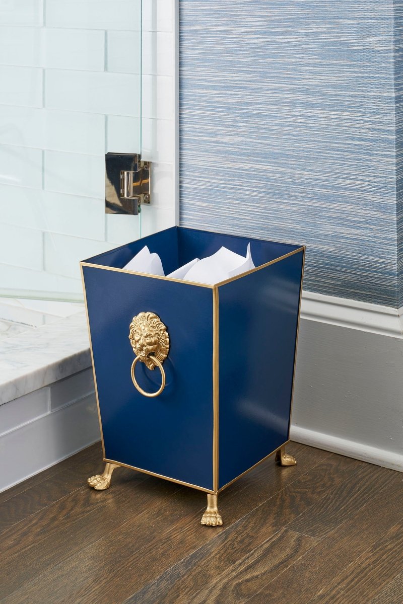 Regency Paws and Claws Blue / Indigo Blue Decorative Bathroom Trash Can, Wastebasket for Vanity, Home Office, Bedroom - Square without Lid with Lion Decor - Avail 04/18 - Wastebaskets from Jaye's Studio