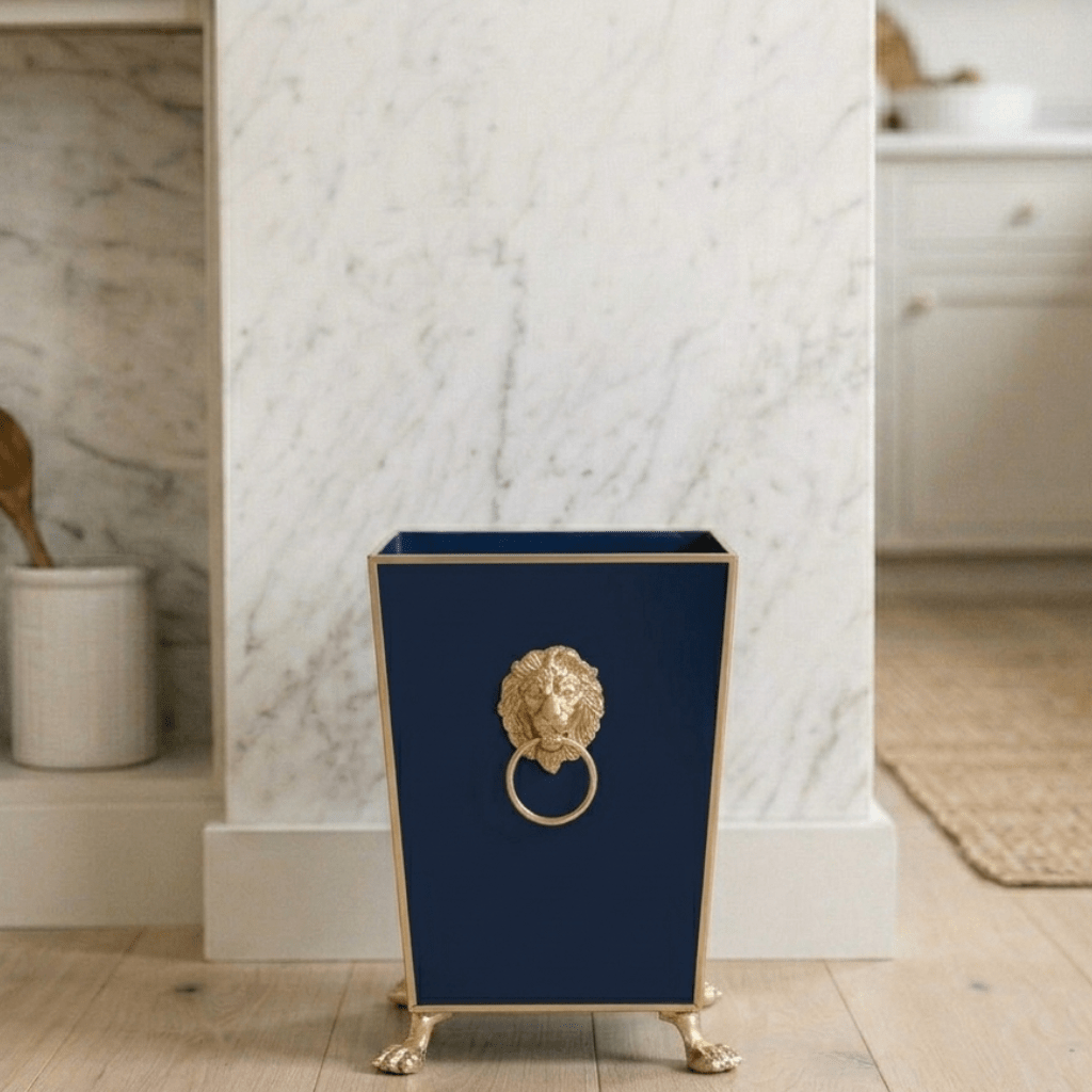 Regency Paws and Claws Blue / Indigo Blue Decorative Bathroom Trash Can, Wastebasket for Vanity, Home Office, Bedroom - Square without Lid with Lion Decor - Avail 04/18 - Wastebaskets from Jaye's Studio