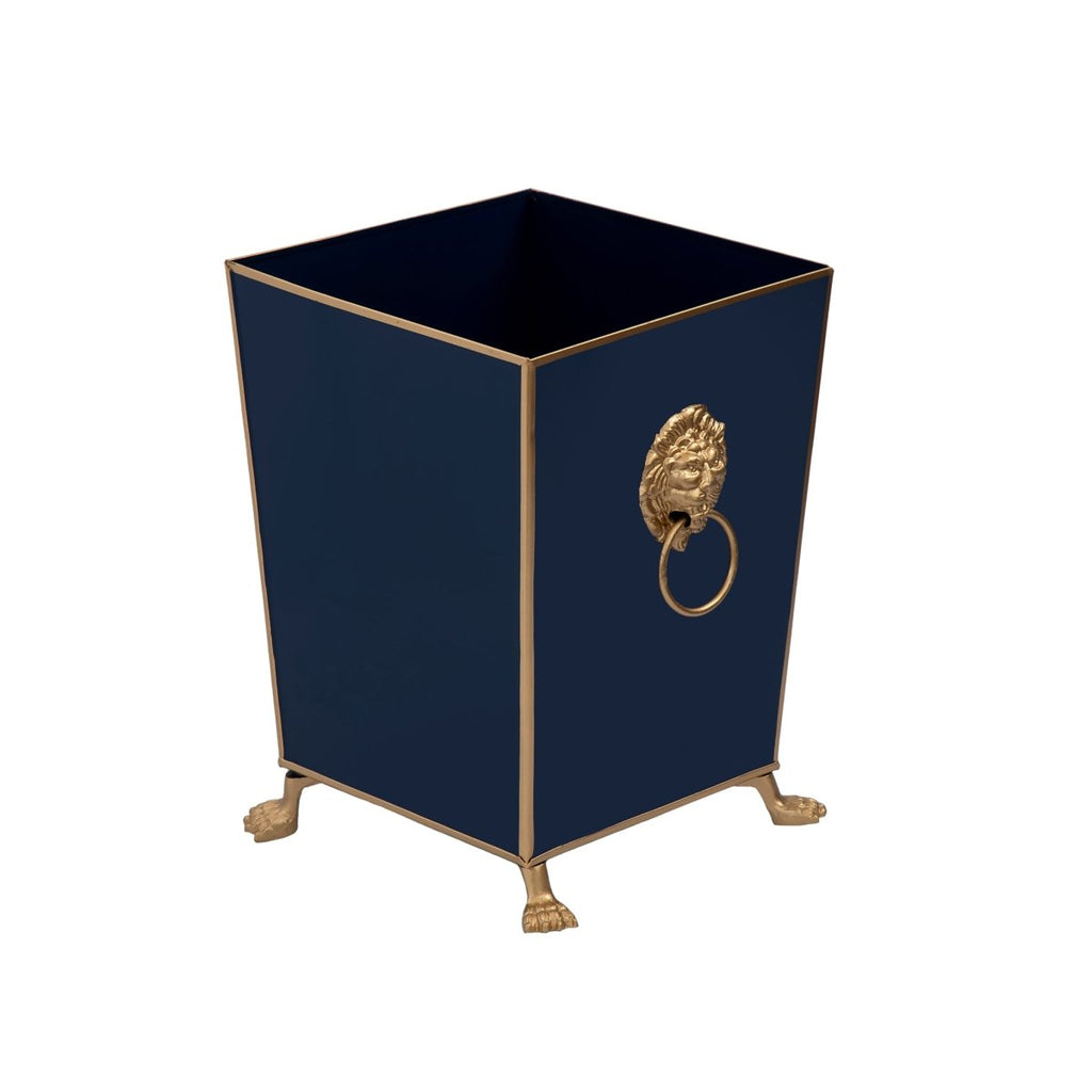 Regency Paws and Claws Blue / Indigo Blue Decorative Bathroom Trash Can, Wastebasket for Vanity, Home Office, Bedroom - Square without Lid with Lion Decor - Wastebaskets from Jaye's Studio