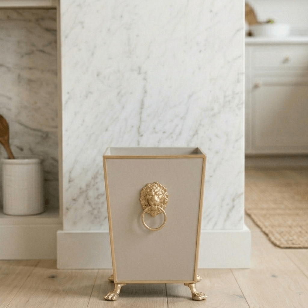 Regency Paws and Claws Taupe Decorative Bathroom Trash Can, Wastebasket for Vanity, Home Office, Bedroom - Square without Lid with Lion Decor - Wastebaskets from Jaye's Studio