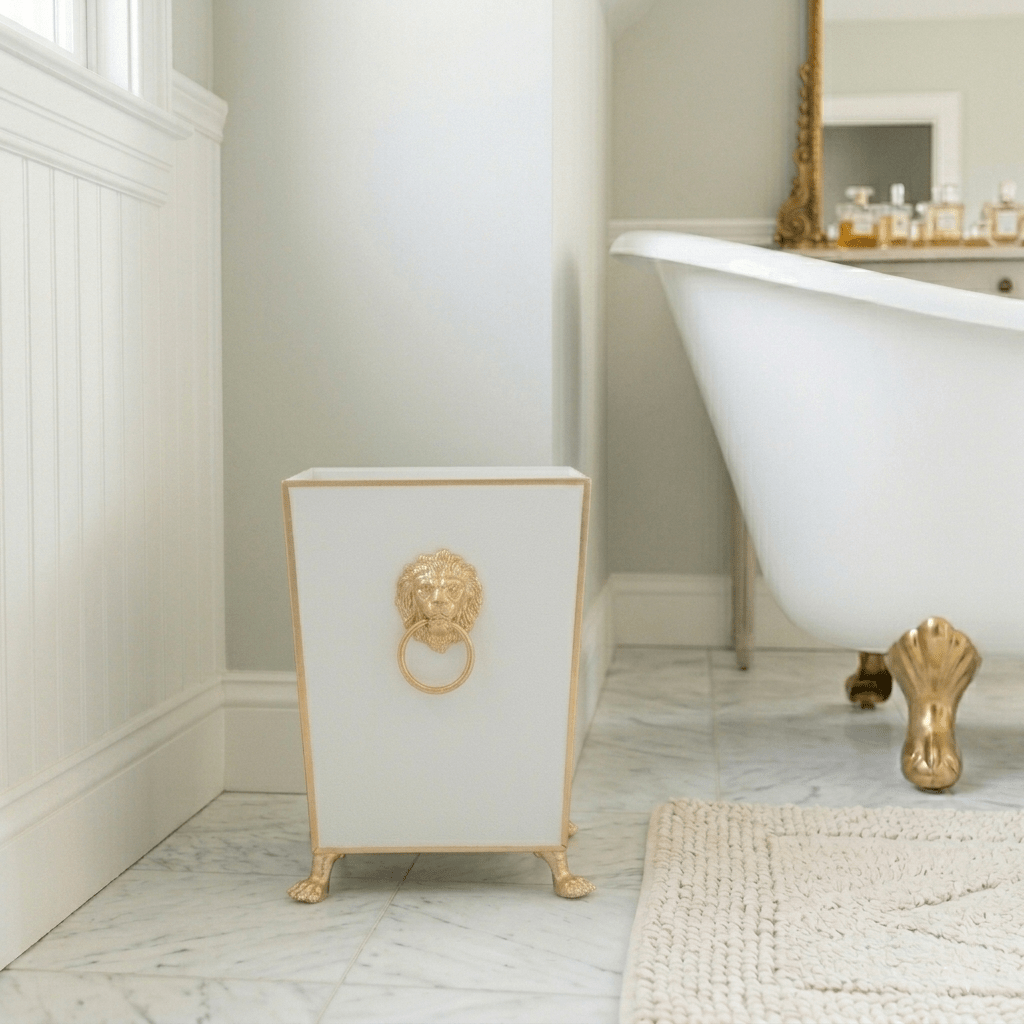 Regency Paws and Claws White Decorative Bathroom Trash Can, Wastebasket for Vanity, Home Office, Bedroom - Square without Lid with Lion Decor - Wastebaskets from Jaye's Studio