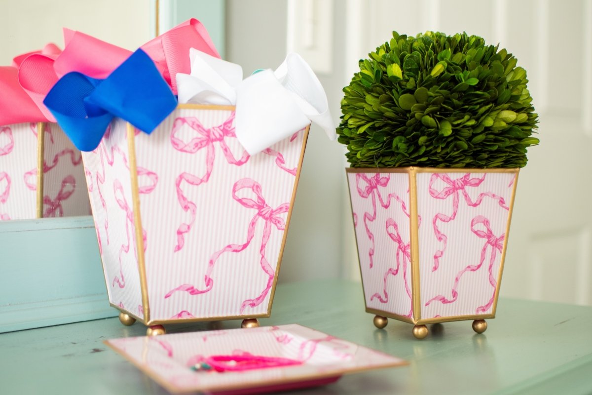 Ribbons of Hope Enameled Pink Square Metal Cachepot Planter for Bedroom, Home Office, Kitchen, Living Room - Cachepots from Jaye's Studio