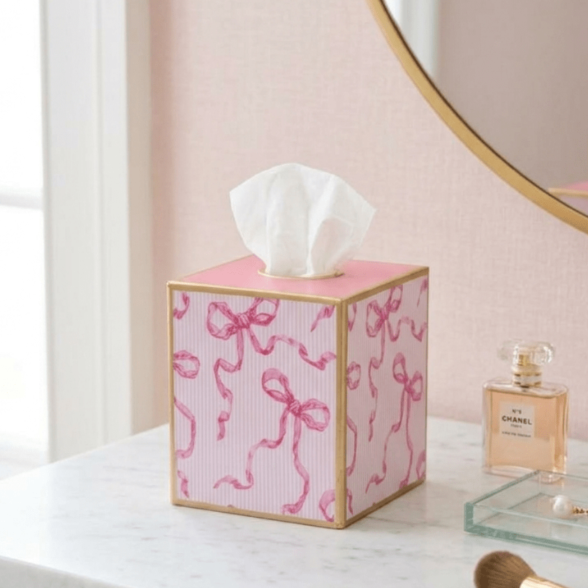 Ribbons of Hope Enameled Pink Square Metal Tissue Box Cover for Bathroom, Vanity, Bedroom, Home Office - Tissue Box Cover from Jaye's Studio