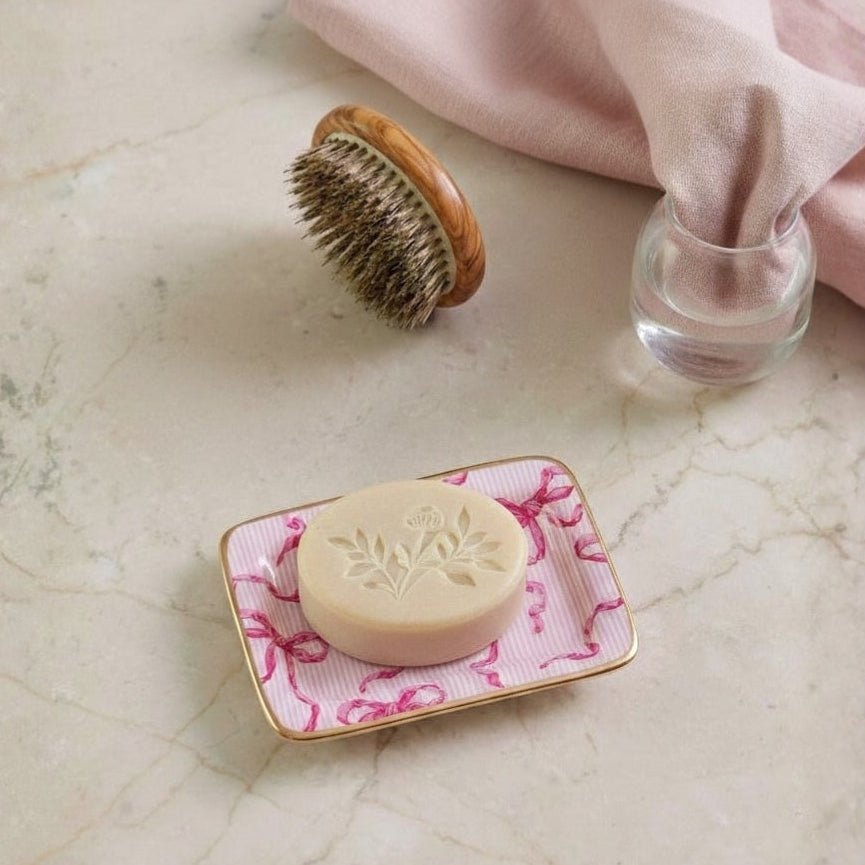 Ribbons of Hope Pink Enameled Rectangle Soap Dish, Catch All Tray, Jewelry Tray for Bathroom, Vanity, Sink - Decorative Laney Tray - from Jaye's Studio