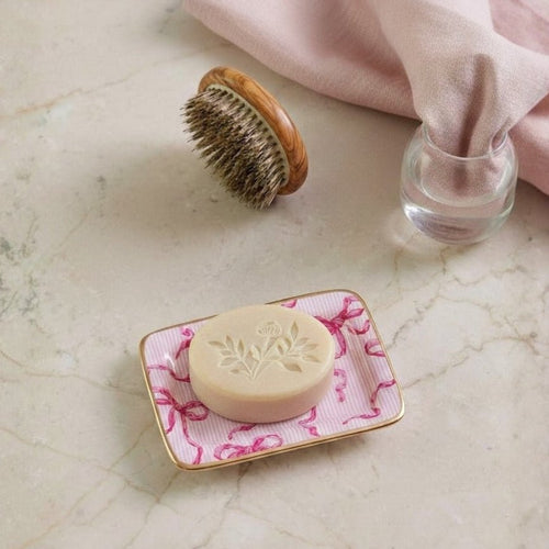 Ribbons of Hope Pink Enameled Rectangle Soap Dish, Catch All Tray, Jewelry Tray for Bathroom, Vanity, Sink - Decorative Laney Tray - from Jaye's Studio
