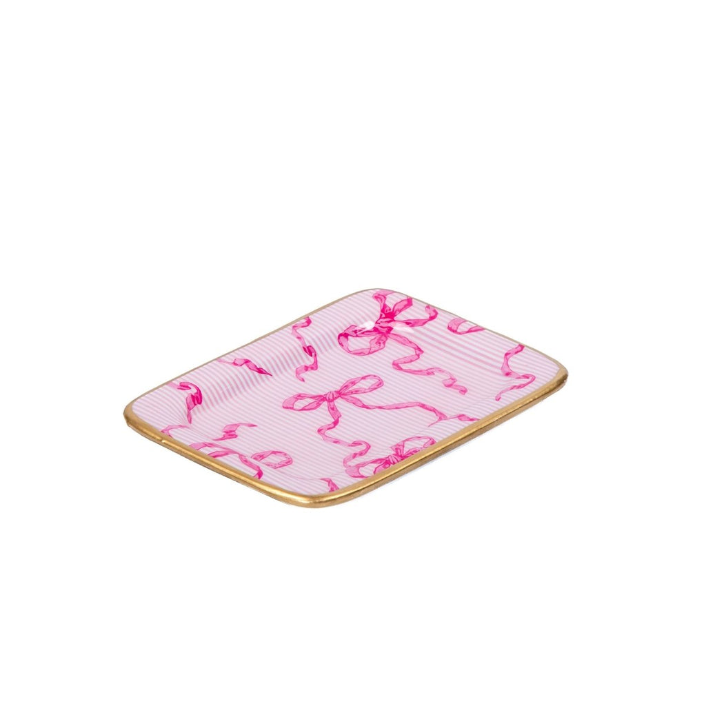 Ribbons of Hope Pink Enameled Rectangle Soap Dish, Catch All Tray, Jewelry Tray for Bathroom, Vanity, Sink - Decorative Laney Tray - from Jaye's Studio