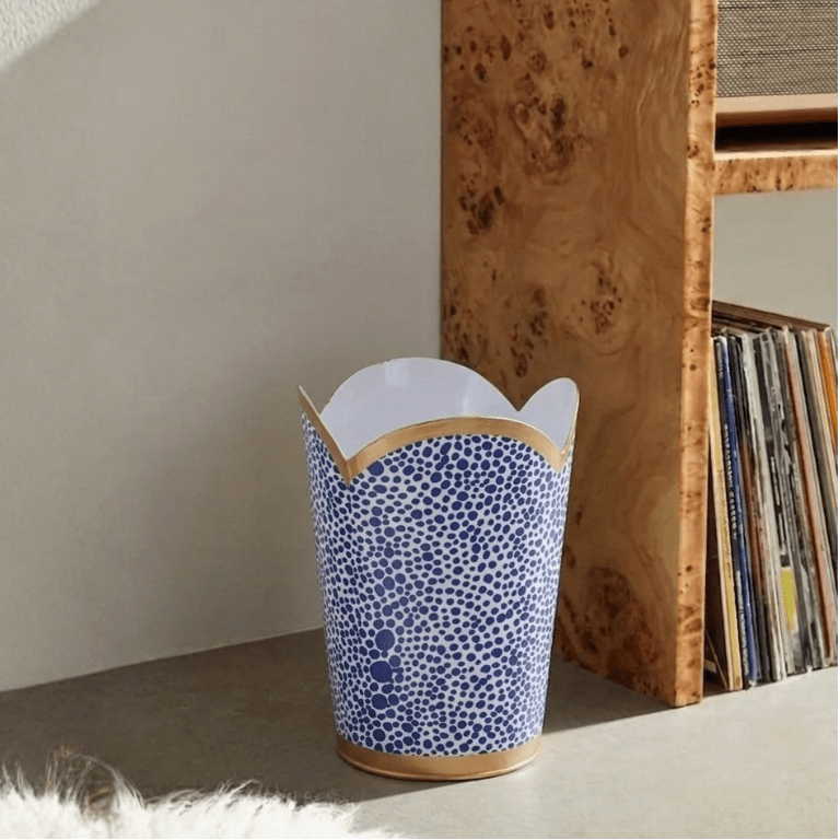 Shagreen Blue Enameled Bathroom Trash Can, Wastebasket, Dustbin for Bedroom, Home Office, Vanity - Tulip Shape without Lid - Wastebaskets from Jaye's Studio