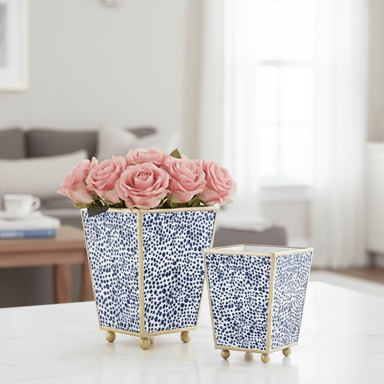 Shagreen Enameled Blue and White Square Metal Cachepot For Bedroom, Home Office, Kitchen, Living Room - Cachepots from Jaye's Studio