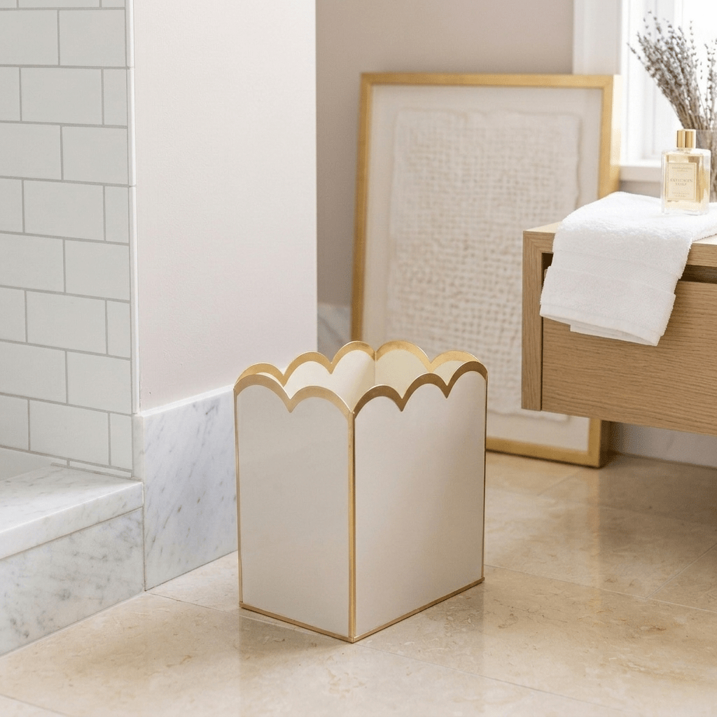 Taupe and White Modern Bathroom Trash Can, Wastebasket, Dustbin for Bedroom, Home Office, Vanity - Rectangle without Lid - Wastebaskets from Jaye's Studio