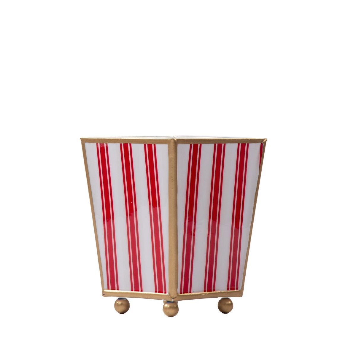 Ticking Stripe Enameled Red Square Metal Cachepot Planter for Bedroom, Home Office, Kitchen, Living Room - Cachepots from Jaye's Studio