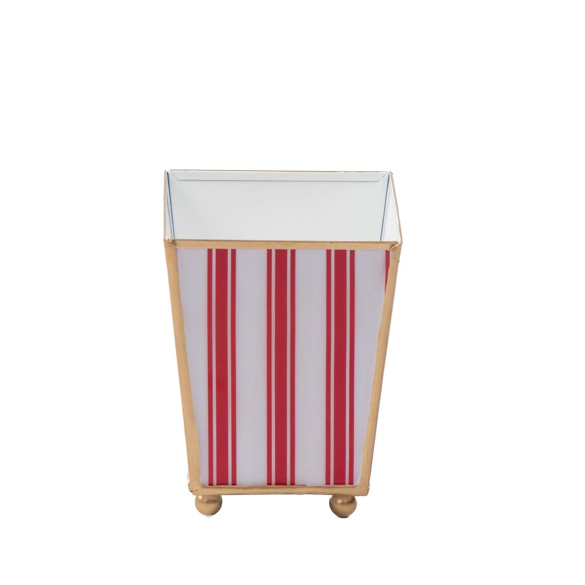 Ticking Stripe Enameled Red Square Metal Cachepot Planter for Bedroom, Home Office, Kitchen, Living Room - Cachepots from Jaye's Studio