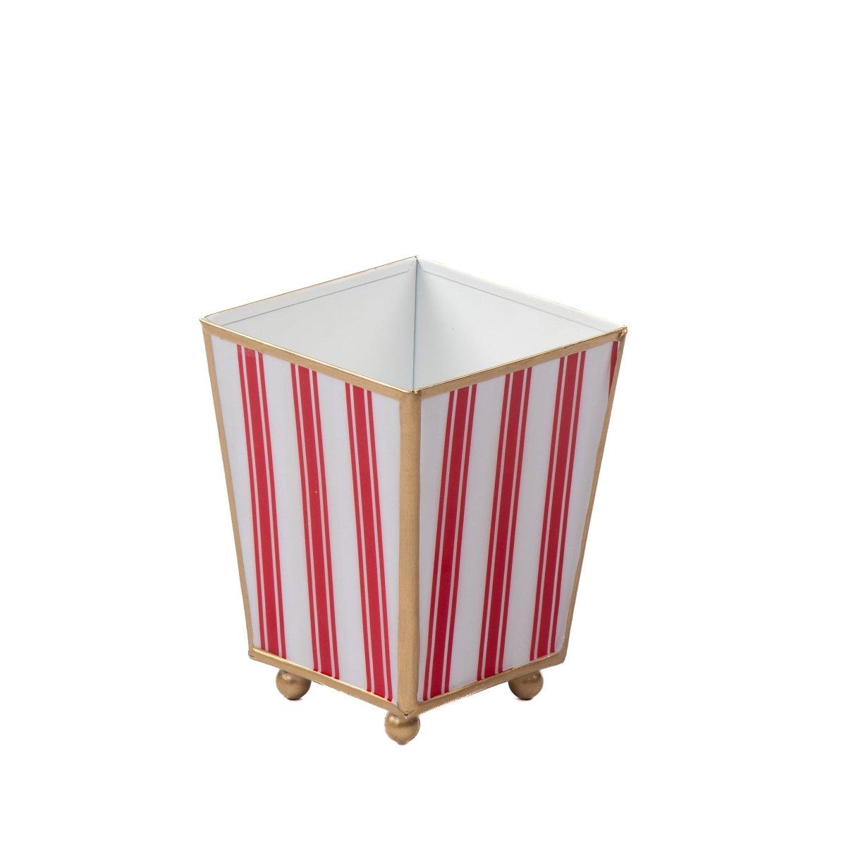 Ticking Stripe Enameled Red Square Metal Cachepot Planter for Bedroom, Home Office, Kitchen, Living Room - Cachepots from Jaye's Studio