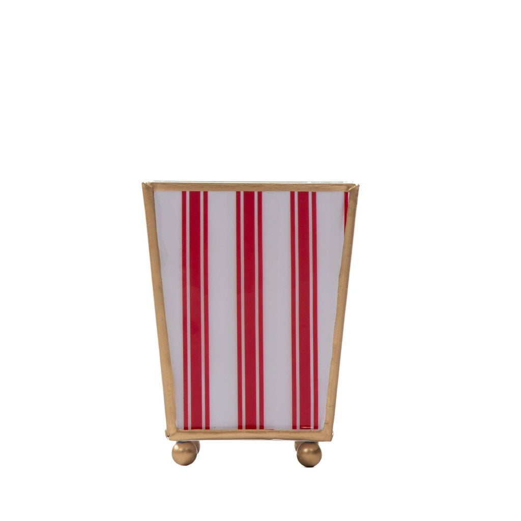 Ticking Stripe Enameled Red Square Metal Cachepot Planter for Bedroom, Home Office, Kitchen, Living Room - Cachepots from Jaye's Studio