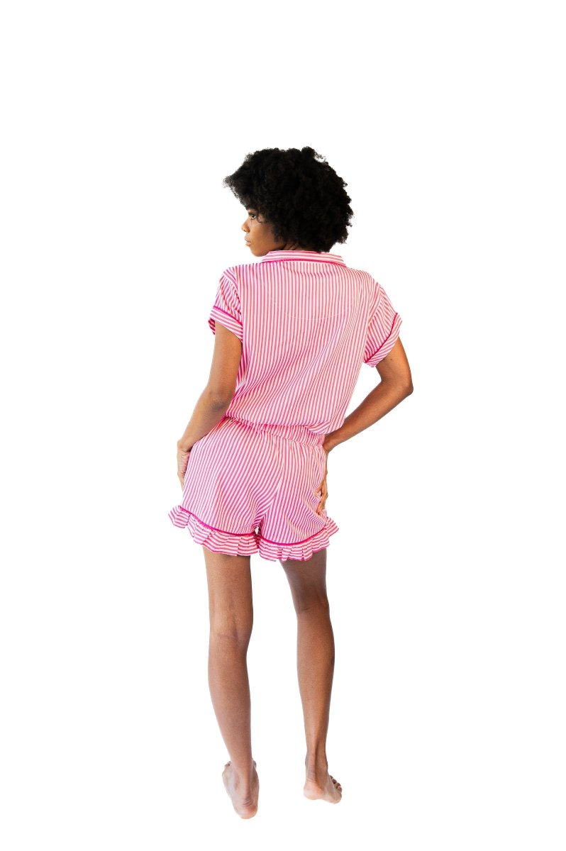 Ticking Stripe Luxe Ruffled Pajama Summer Set - Pink - Pajama Sets from Jaye's Studio
