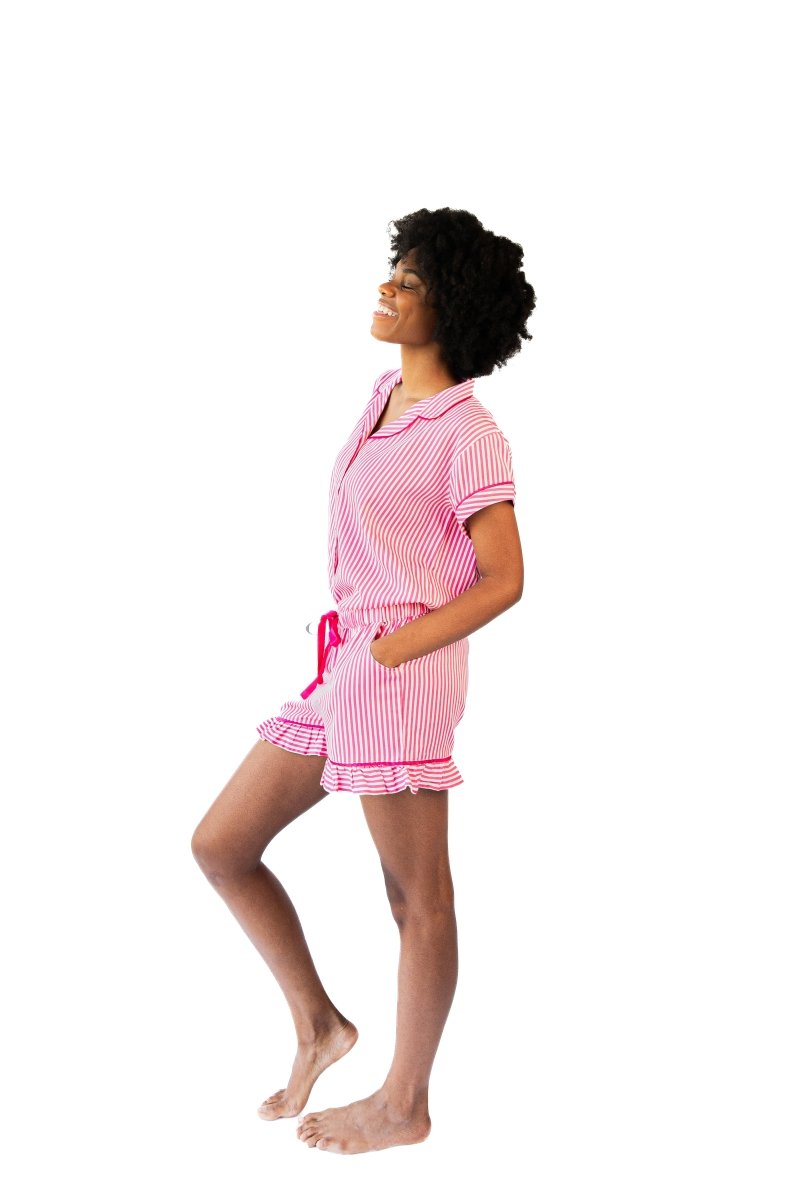 Ticking Stripe Luxe Ruffled Pajama Summer Set - Pink - Pajama Sets from Jaye's Studio