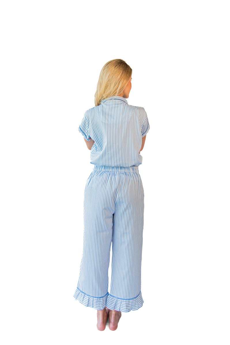 Ticking Stripe Luxe Sateen Capri Pajama Set - Blue - Pajama Sets from Jaye's Studio