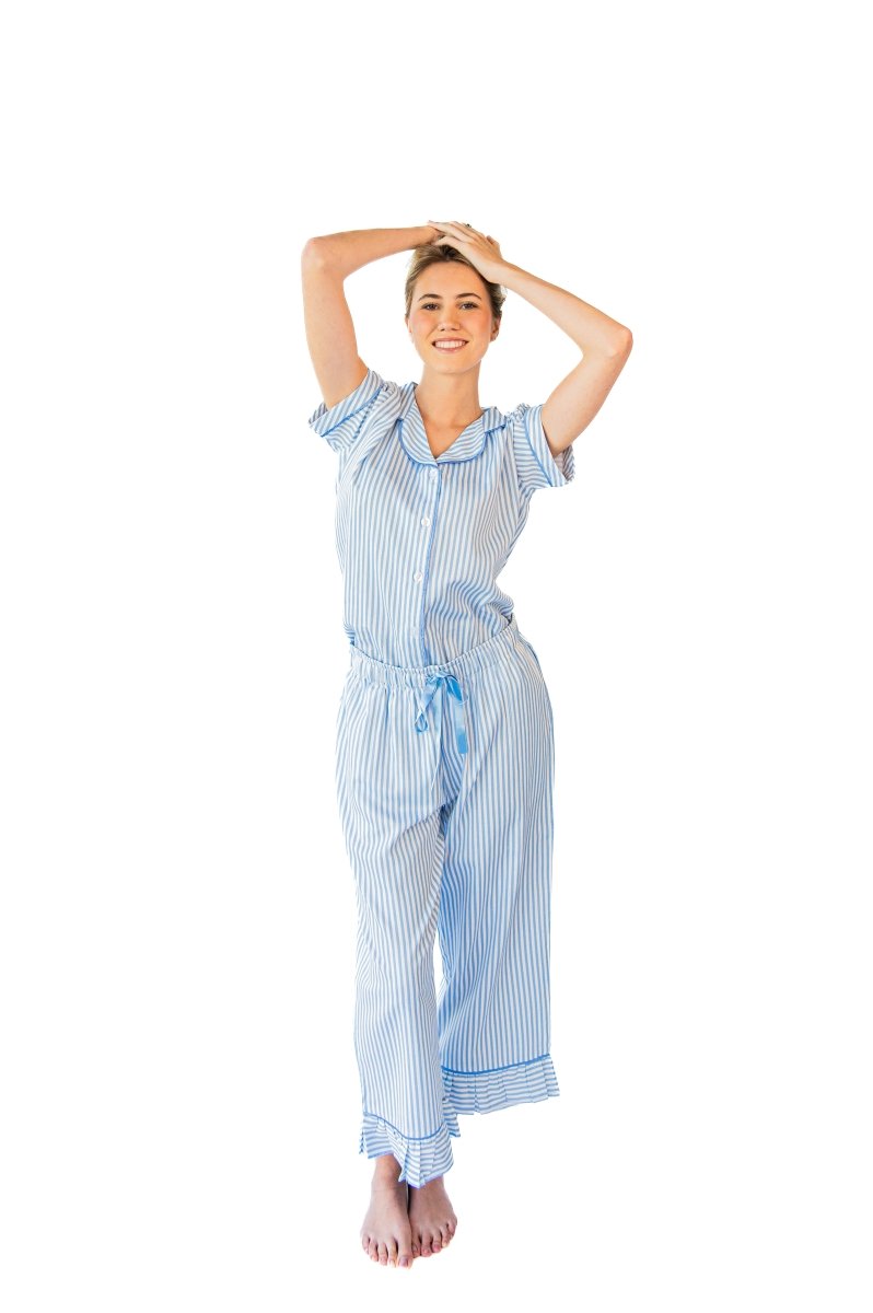 Ticking Stripe Luxe Sateen Capri Pajama Set - Blue - Pajama Sets from Jaye's Studio