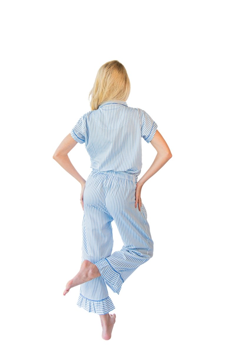 Ticking Stripe Luxe Sateen Capri Pajama Set - Blue - Pajama Sets from Jaye's Studio