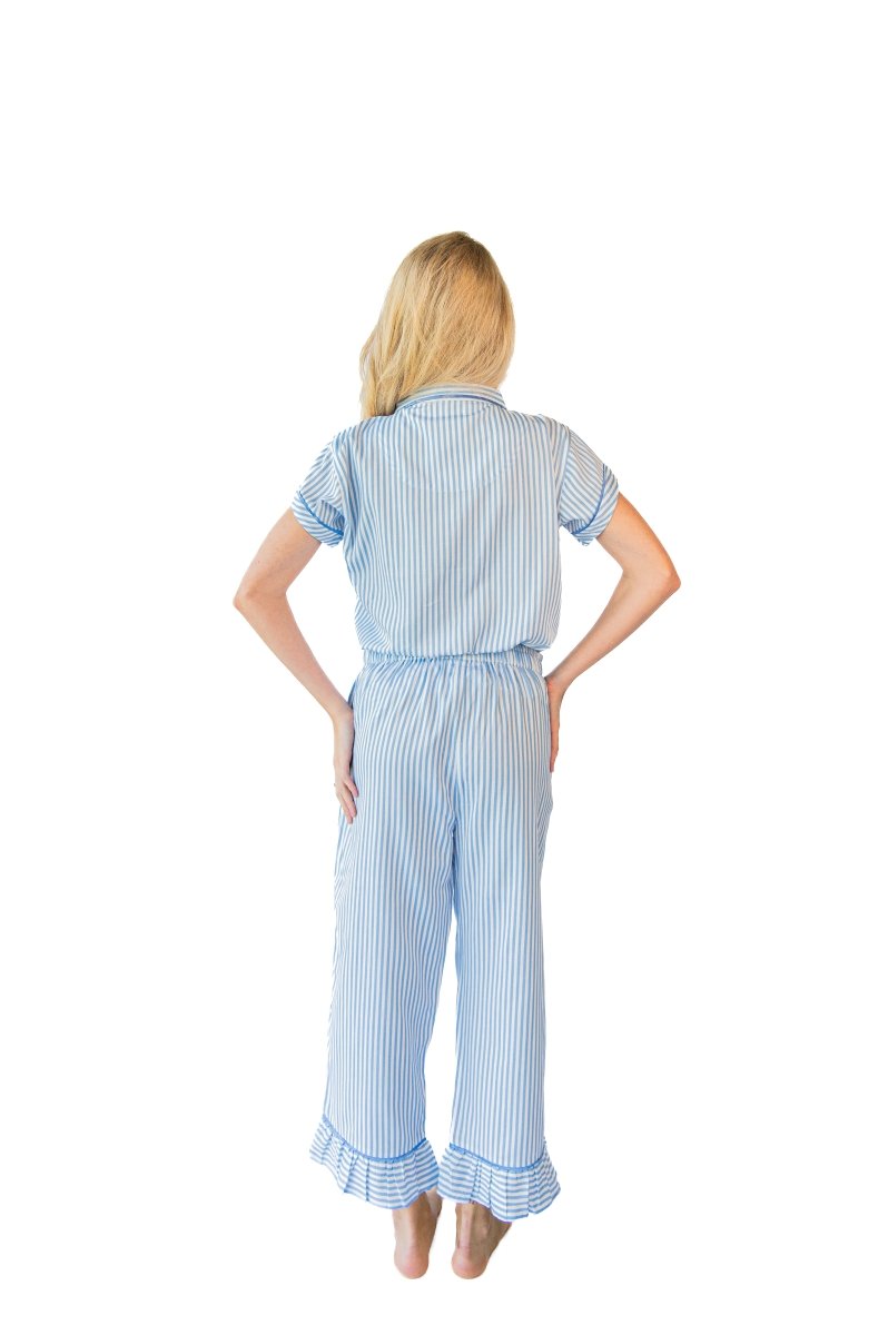 Ticking Stripe Luxe Sateen Capri Pajama Set - Blue - Pajama Sets from Jaye's Studio