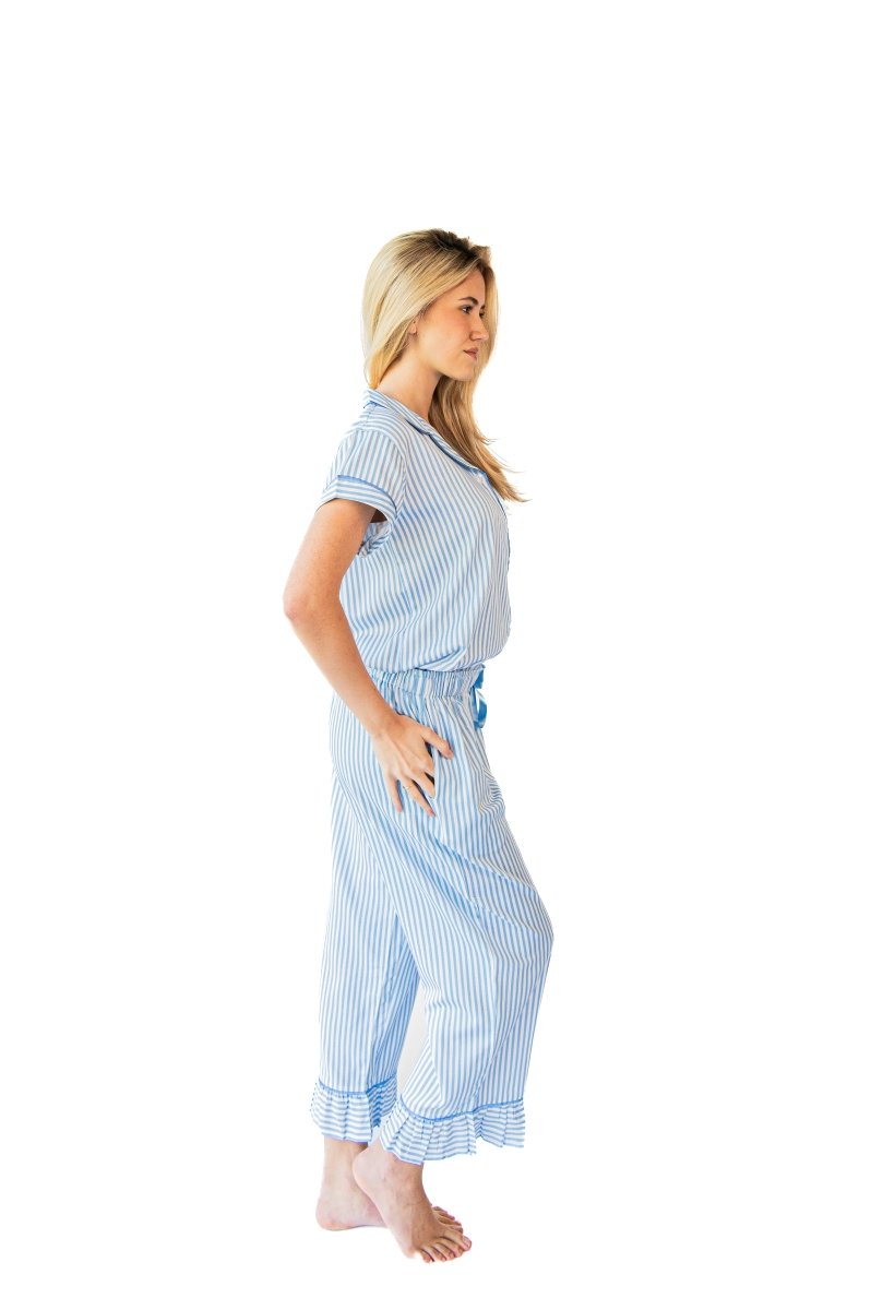 Ticking Stripe Luxe Sateen Capri Pajama Set - Blue - Pajama Sets from Jaye's Studio