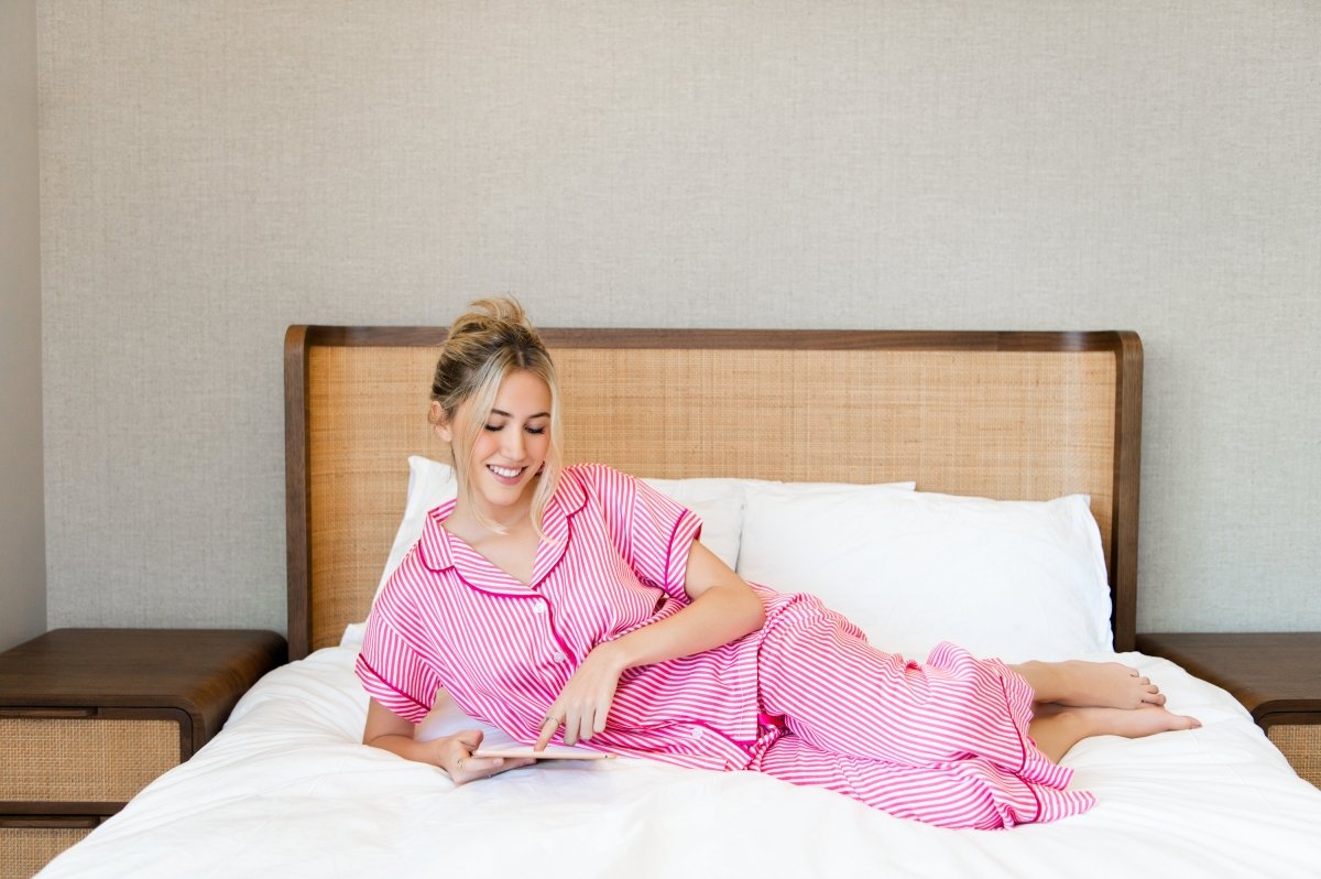 Ticking Stripe Luxe Sateen Capri Pajama Set - Pink - Pajama Sets from Jaye's Studio