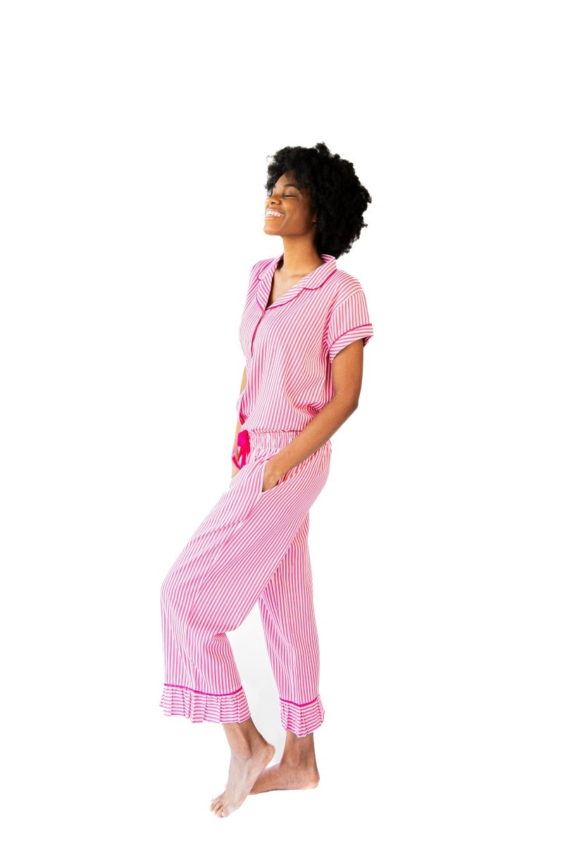 Ticking Stripe Luxe Sateen Capri Pajama Set - Pink - Pajama Sets from Jaye's Studio