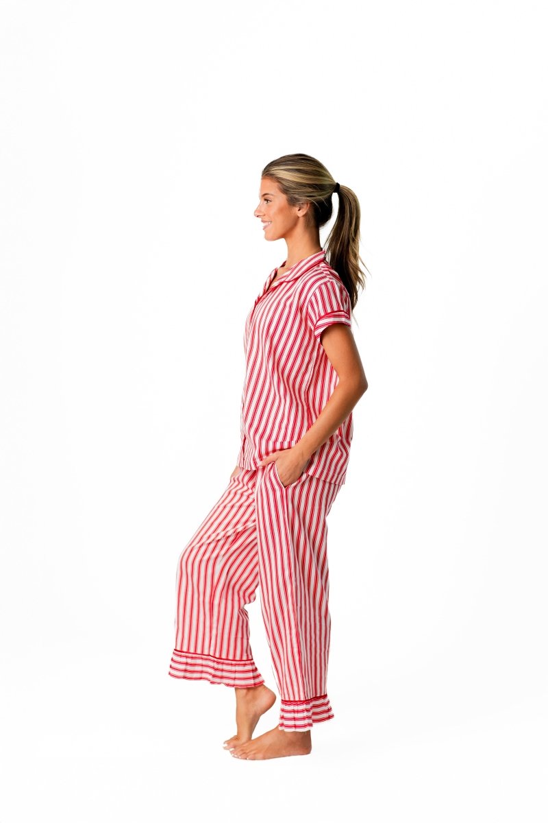 Ticking Stripe Luxe Sateen Capri Pajama Set - Red - Pajama Sets from Jaye's Studio