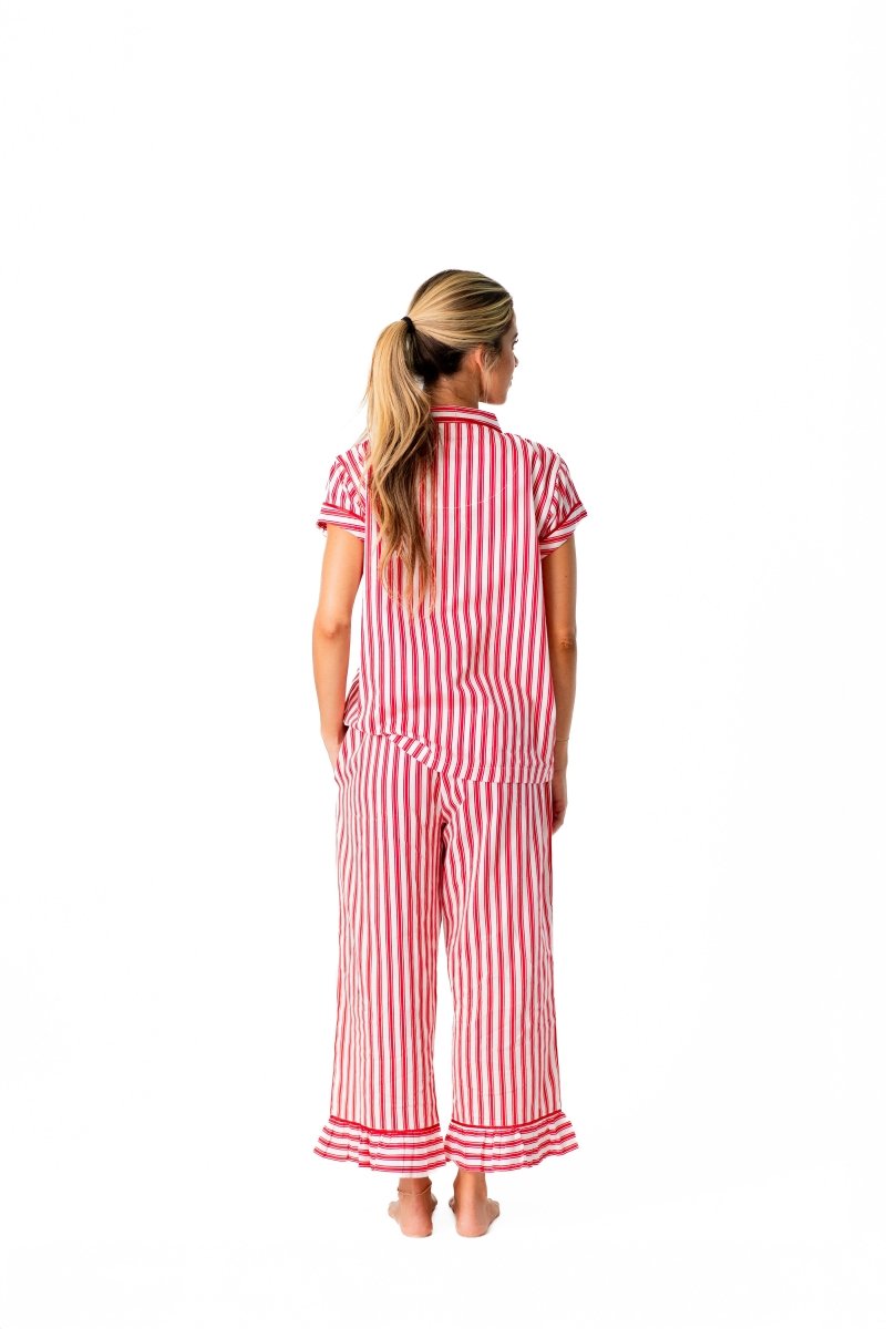 Ticking Stripe Luxe Sateen Capri Pajama Set - Red - Pajama Sets from Jaye's Studio