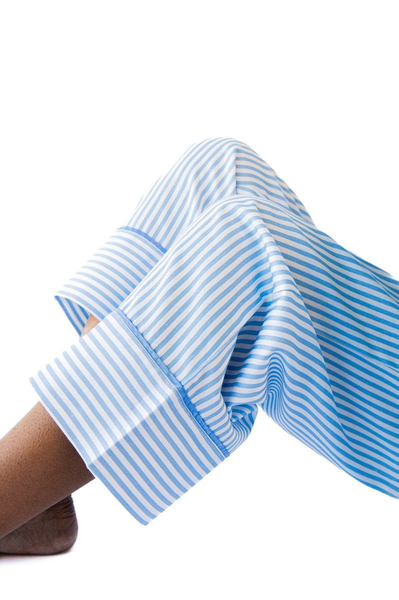 Ticking Stripe Luxe Sateen Full Pajama Set - Blue - Pajama Sets from Jaye's Studio