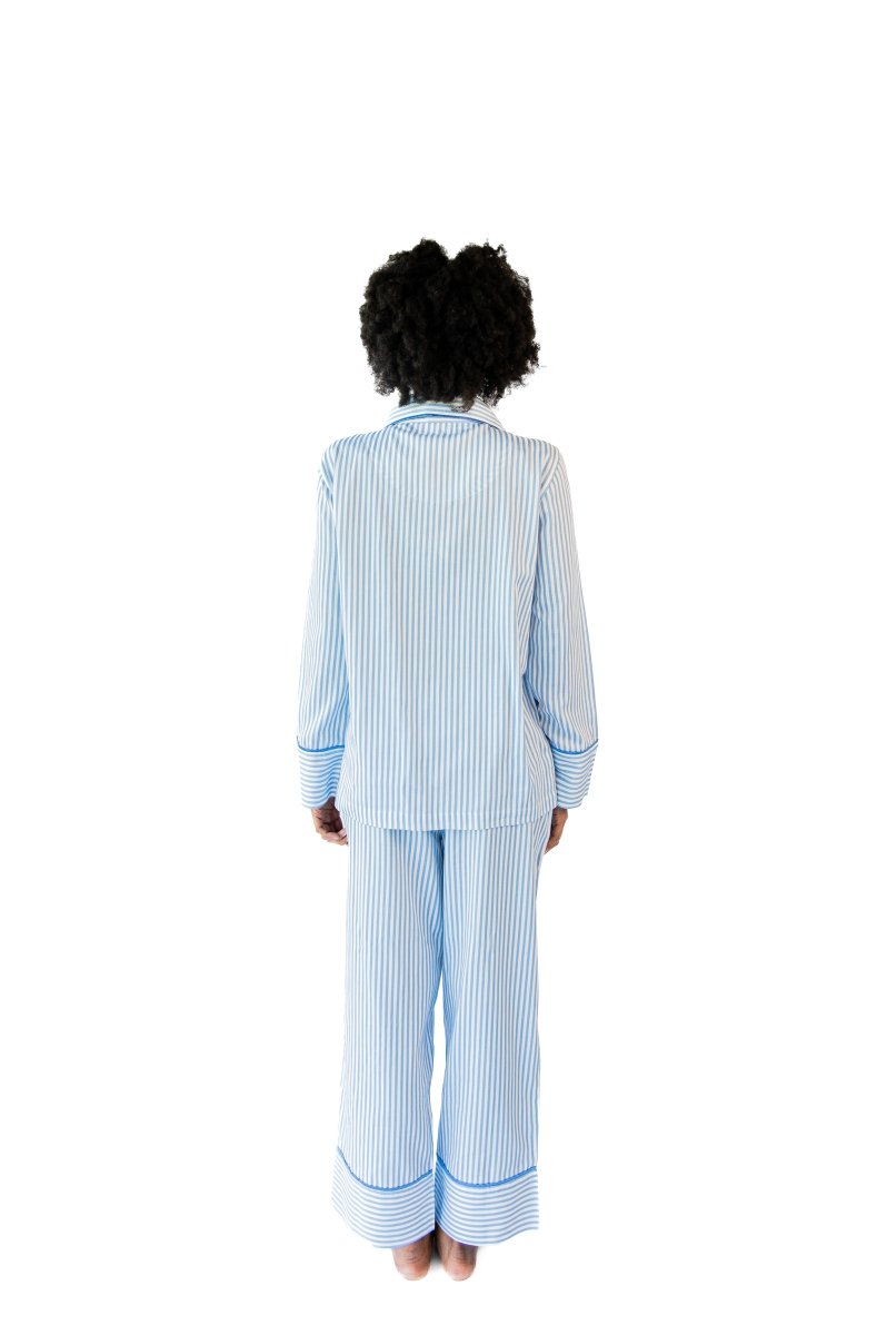 Ticking Stripe Luxe Sateen Full Pajama Set - Blue - Pajama Sets from Jaye's Studio