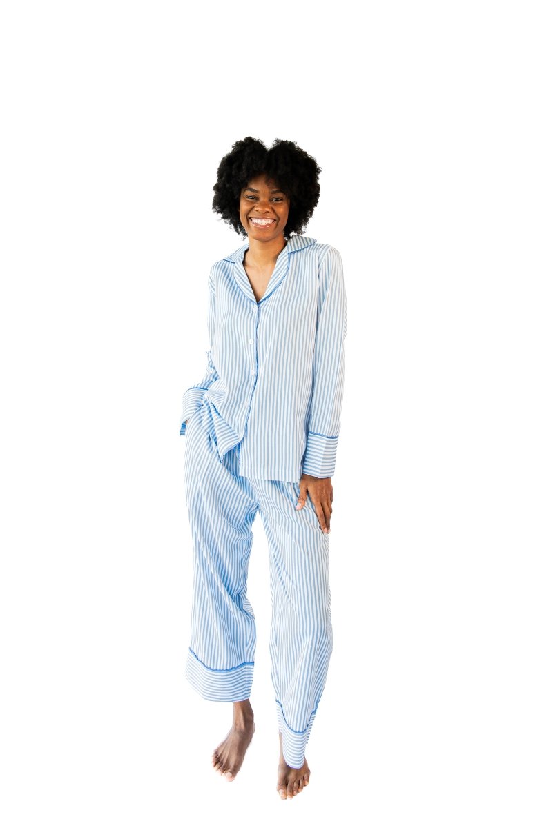 Ticking Stripe Luxe Sateen Full Pajama Set - Blue - Pajama Sets from Jaye's Studio