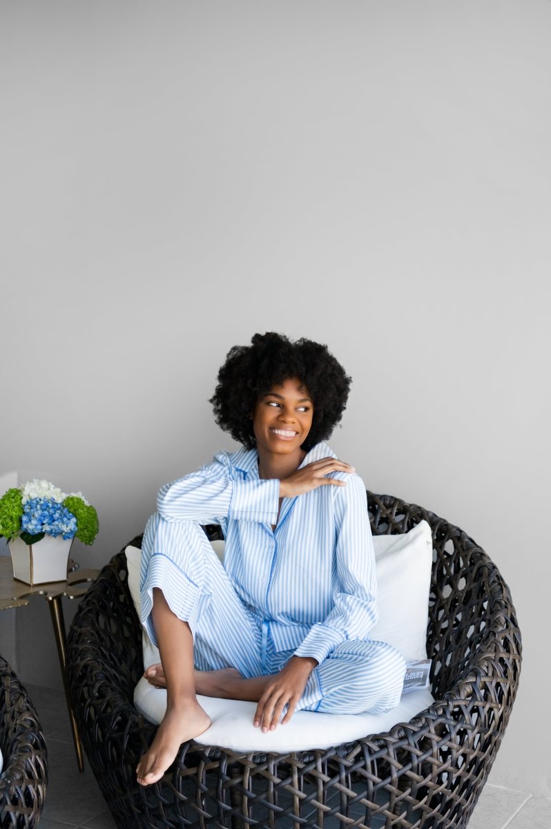 Ticking Stripe Luxe Sateen Full Pajama Set - Blue - Pajama Sets from Jaye's Studio