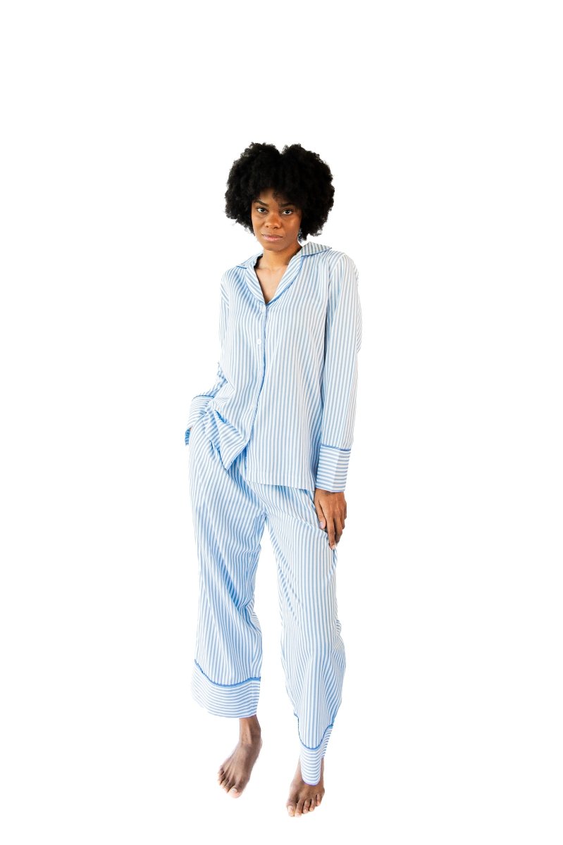 Ticking Stripe Luxe Sateen Full Pajama Set - Blue - Pajama Sets from Jaye's Studio