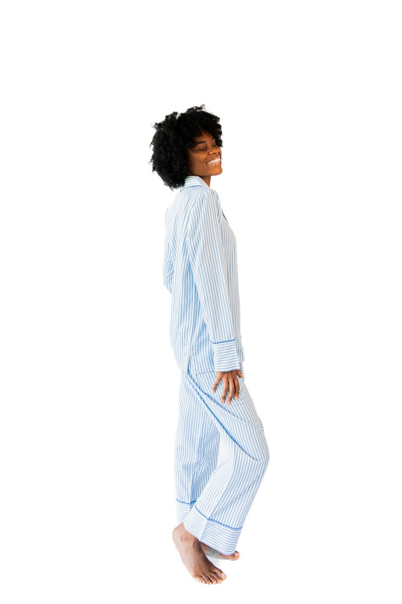 Ticking Stripe Luxe Sateen Full Pajama Set - Blue - Pajama Sets from Jaye's Studio